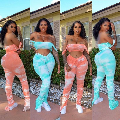 tie dye off shoulder two piece set stacked pants one shoulder crops summer sexy women clothing outfit set