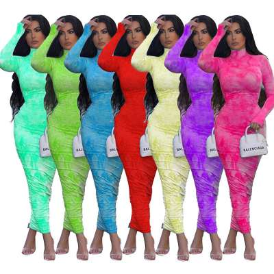 autumn Summer plus size women elegant long sleeve tie dye bodycon ruched midi long clothes dresses