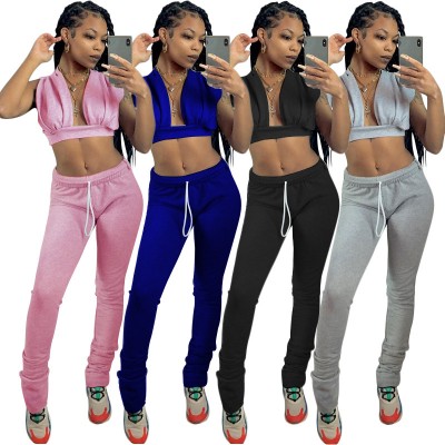 short crop tops women summer casual v neck sexy woman sweat suit two piece ruched stacked pants