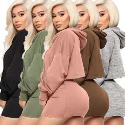 Wholesale sexy full sleeve two piece set dress  woman plus size casual solid color 2 piece hoodie sweatsuit skirt set