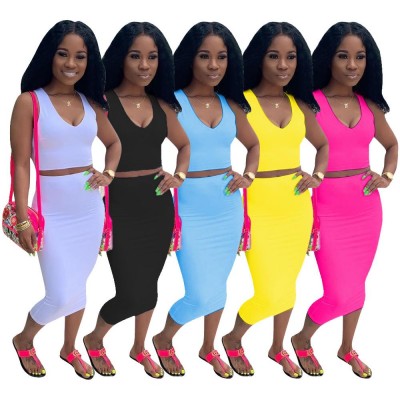 solid color two piece set dress wholesale boutique fashion prom V neck summer clothing women bodycon dress skirt set