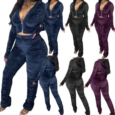 Hot selling sexy women's pleated solid color zipper two-piece suit