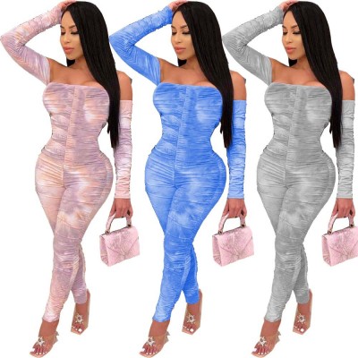 Wholesale fashion ladies print pleated sexy tube top with sleeves jumpsuit