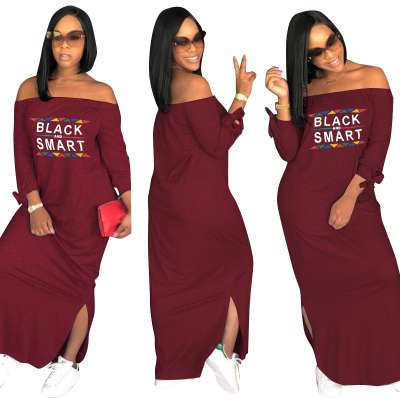 10 color stock letter printed women autumn summer full sleeve dress off shoulder split long dress for women