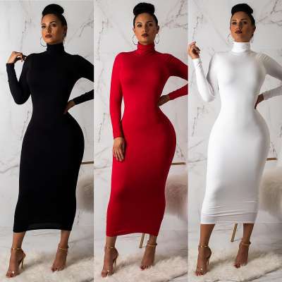 solid color wholesale autumn ladies bodycon dresses Sexy women Zipper full sleeve High collar slim long dress