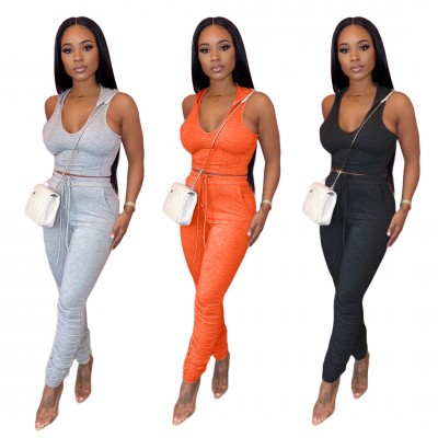 two piece outfit 2020 Wholesale summer casual plus size 2 piece set women sleeveless hoodie stacked pants