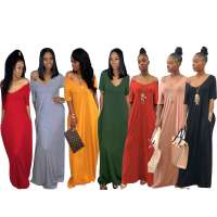 fashion summer v neck pocket long dress women solid casual loose long maxi dress